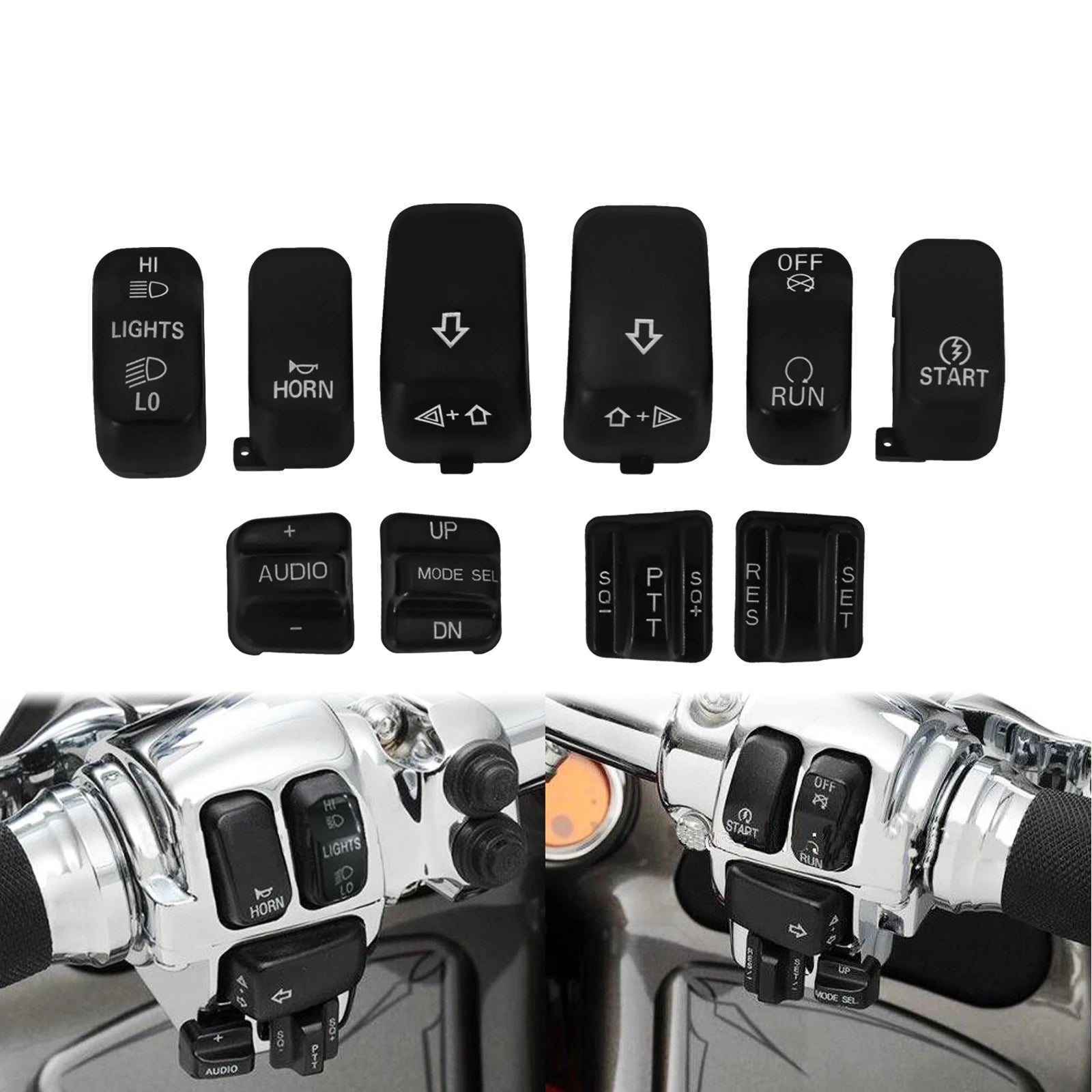 10 pcs Motorcycle Hand Control Switch Housing Buttons Caps Black Chrome For Harley Touring Street Glide Electra Glide 1996-2013