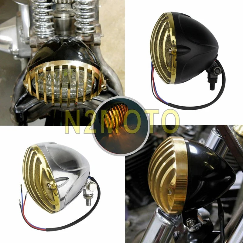 Retro Motorcycle 5" Scalloped Brass Headlight Finned Grill For Harley Dyna Road King Street Glide Electra Glide Custom Headlamp