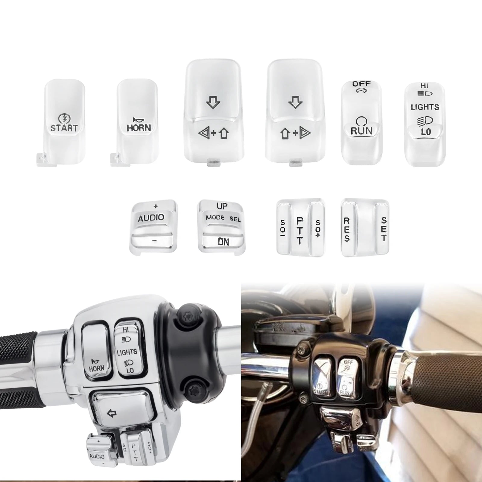 10 pcs Motorcycle Hand Control Switch Housing Buttons Caps Black Chrome For Harley Touring Street Glide Electra Glide 1996-2013