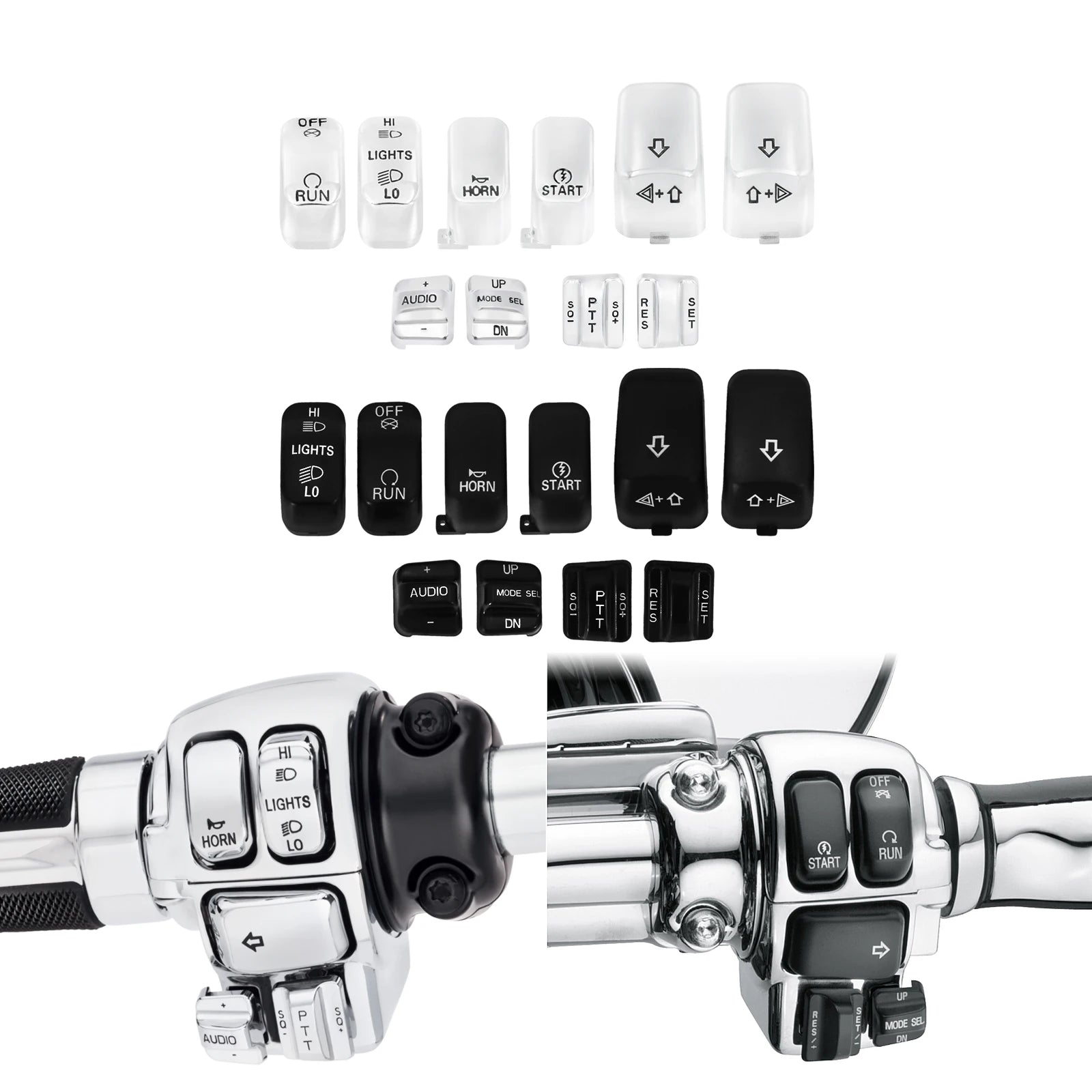 10 pcs Motorcycle Hand Control Switch Housing Buttons Caps Black Chrome For Harley Touring Street Glide Electra Glide 1996-2013