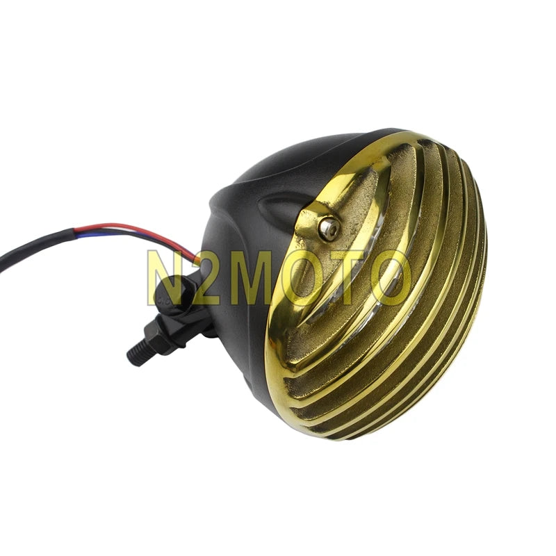 Retro Motorcycle 5" Scalloped Brass Headlight Finned Grill For Harley Dyna Road King Street Glide Electra Glide Custom Headlamp