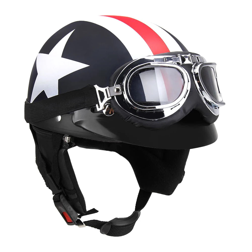 Motorcycle Helmet Half Open Face Retro Vintage Style Moto Casco Capacete Moto Helmet with Visor UV Goggles Motocross Motorbike