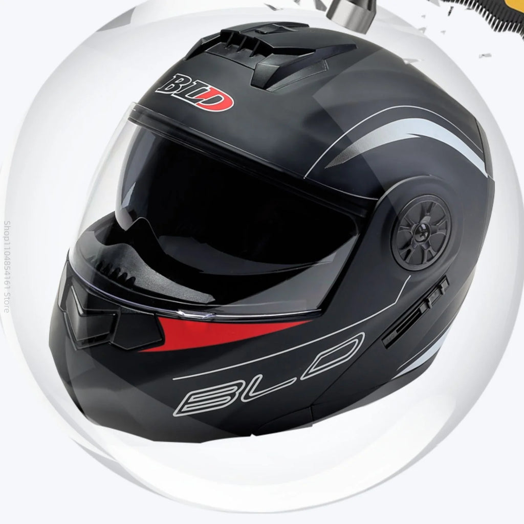 Motorcycle helmet with double lenses, open-faced design. Suitable for all seasons. Comfortable and breathable. Open design.