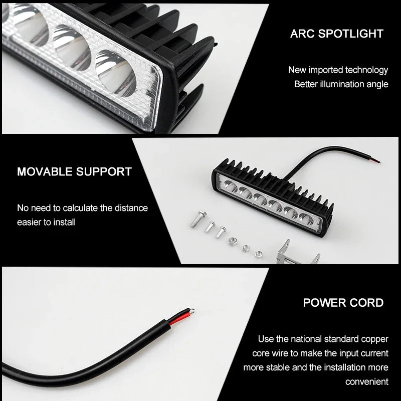 18w 6 LED Motocycle Work Light High Bright Spotlight Offroad Automobile Truck Driving Fog Headlights DRL Driving Lamp 12V