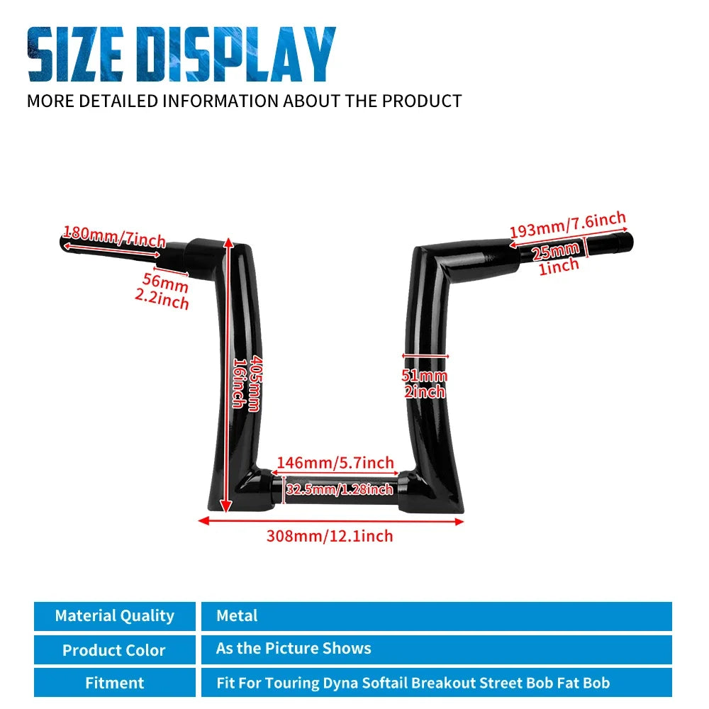 Motorcycle Handlebar 12" 14" 16" Rise Handle Bar For Harley Touring FLHT FLHR Dyna Softail Breakout Fat Boy Drag Fat Bars Black