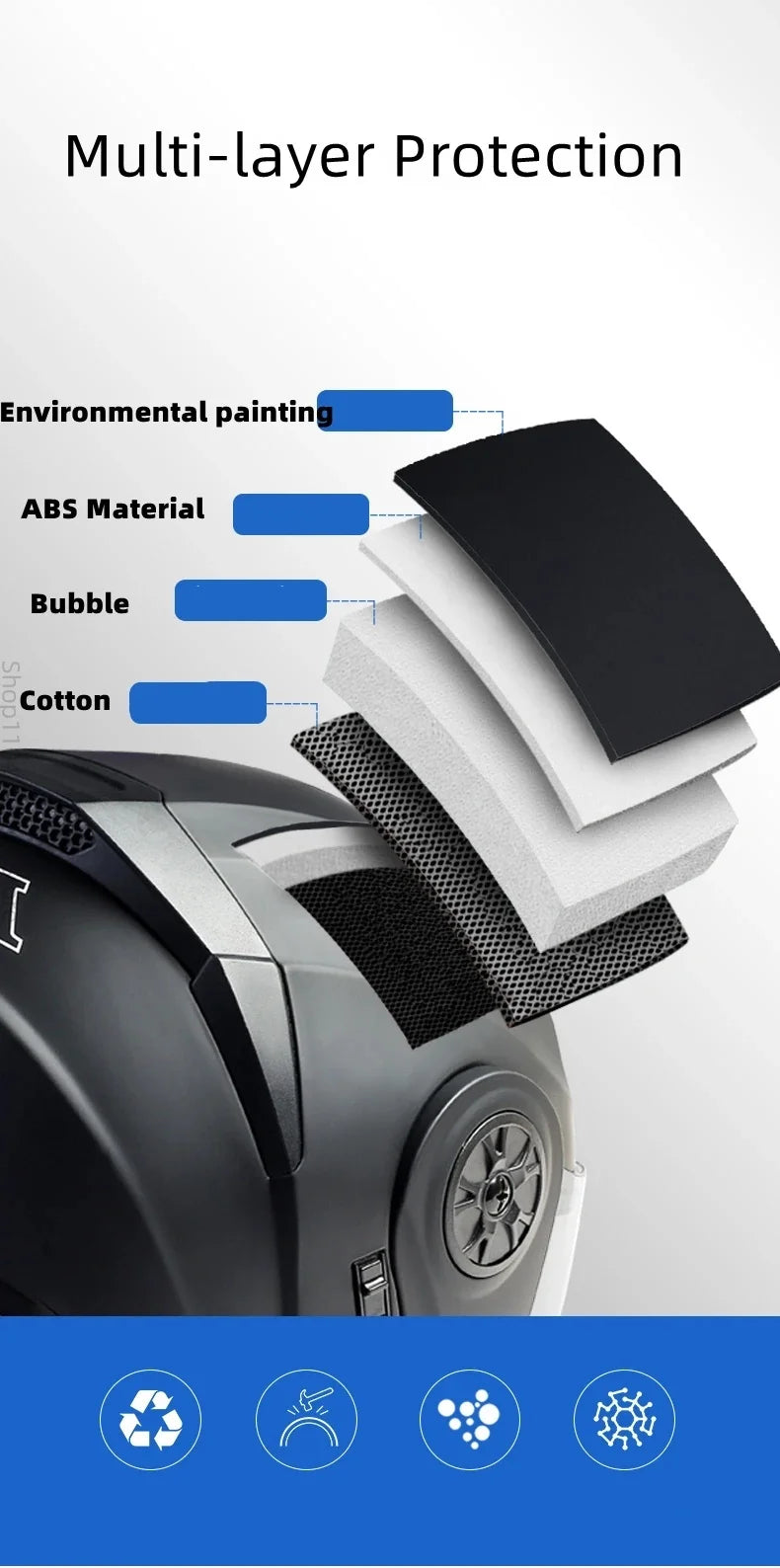 Motorcycle helmet with double lenses, open-faced design. Suitable for all seasons. Comfortable and breathable. Open design.
