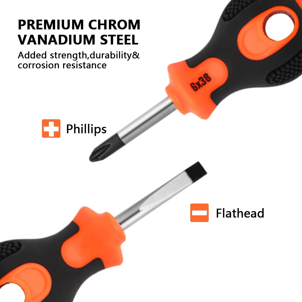 Five cross-head and four flat-head screwdrivers with anti-slip rubber handles, used for tightening and loosening stuck screws.