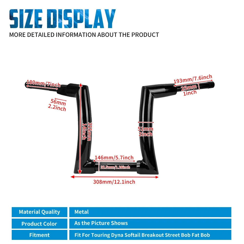 Motorcycle Handlebar 12" 14" 16" Rise Handle Bar For Harley Touring FLHT FLHR Dyna Softail Breakout Fat Boy Drag Fat Bars Black