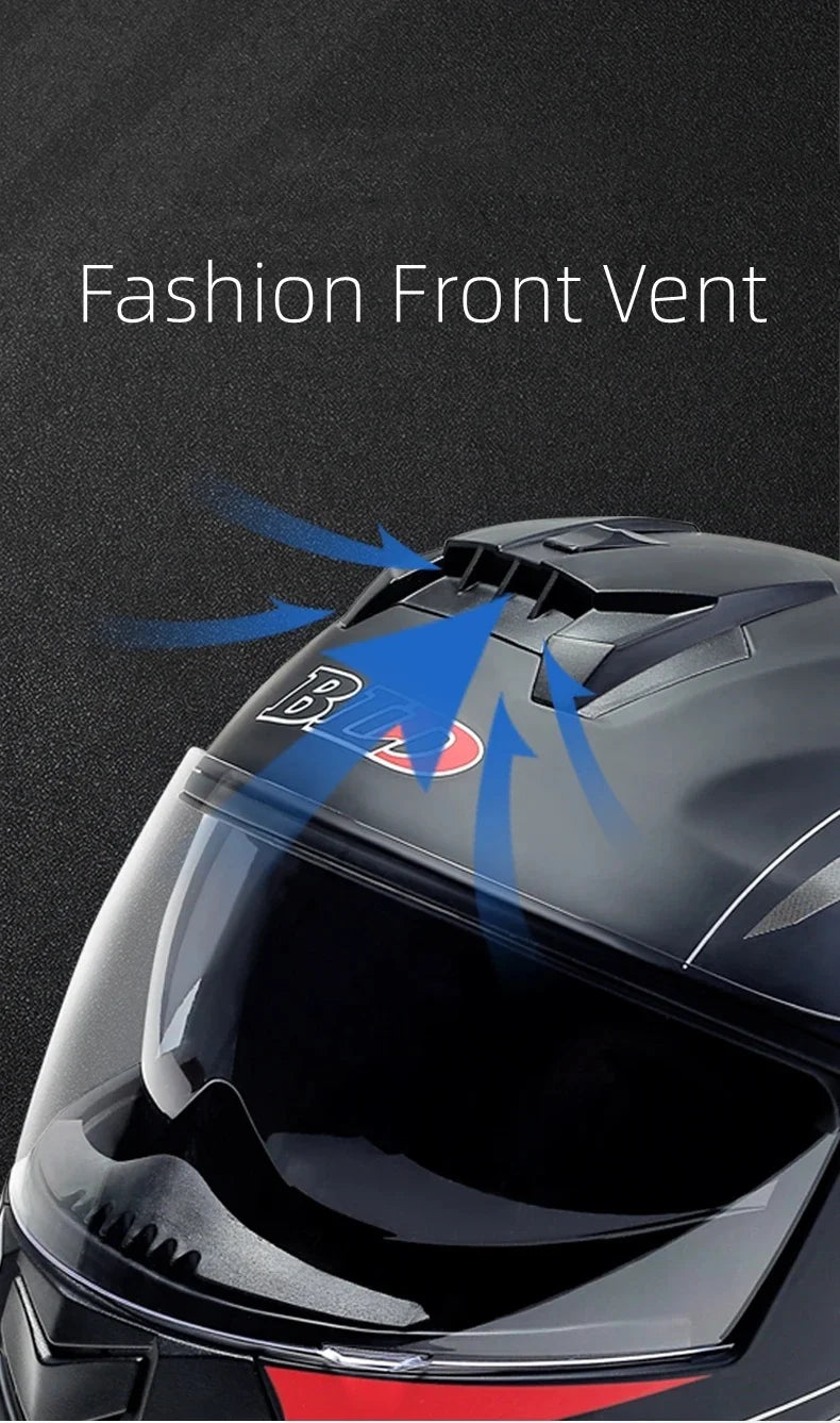 Motorcycle helmet with double lenses, open-faced design. Suitable for all seasons. Comfortable and breathable. Open design.