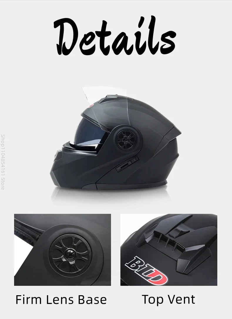 Motorcycle helmet with double lenses, open-faced design. Suitable for all seasons. Comfortable and breathable. Open design.