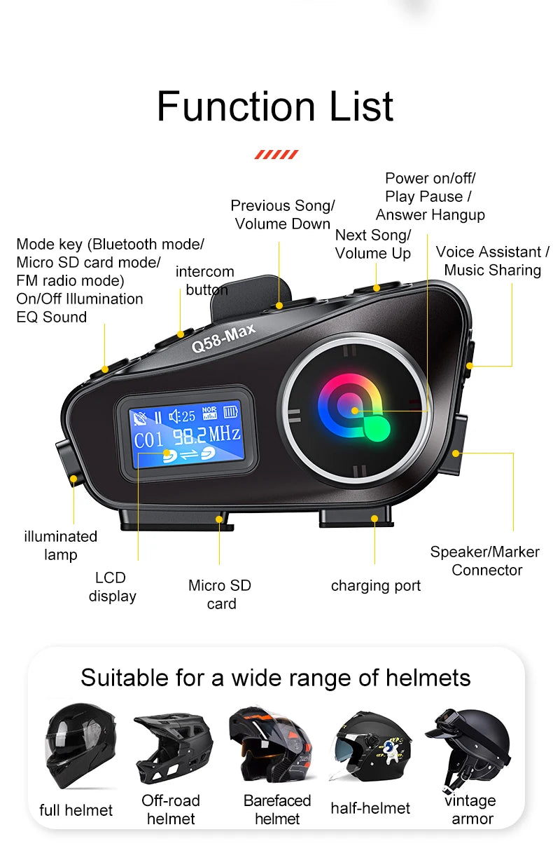 Motorcycle Helmet Wireless Bluetooth Headset Intercomunicador Moto LCD Display FM Radio Music Share For 2 Rider 500m intercom