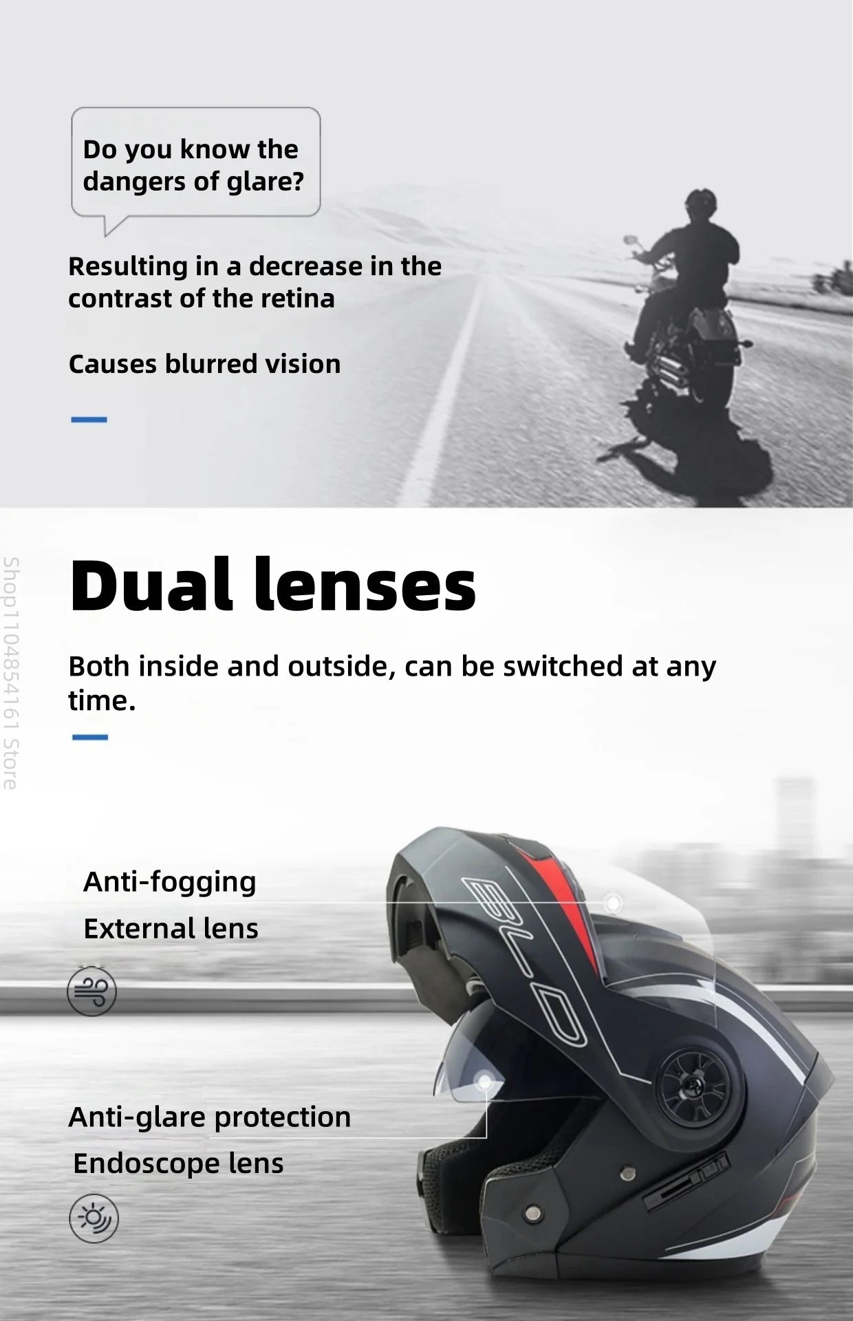 Motorcycle helmet with double lenses, open-faced design. Suitable for all seasons. Comfortable and breathable. Open design.