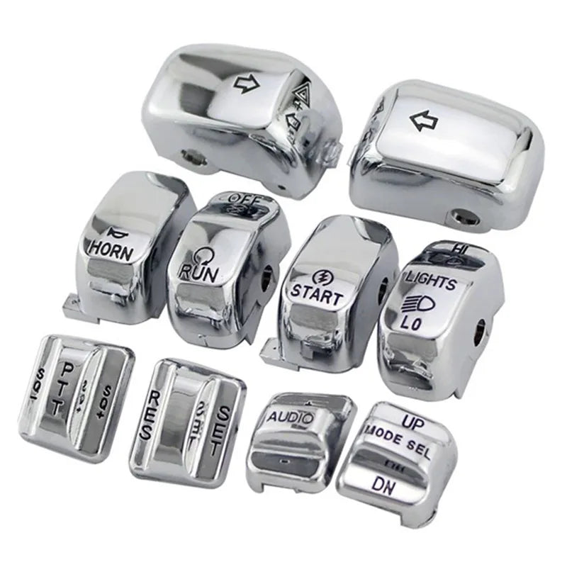 10 pcs Motorcycle Chrome Hand Control Switch Housing Buttons Caps For Harley Touring Road King Electra Road Glide FLHTCU FLTR