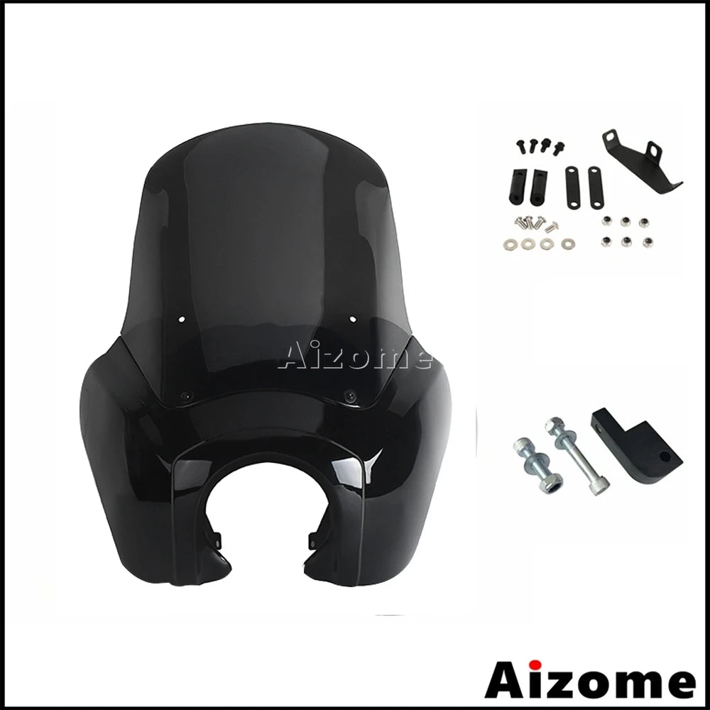 Motorcycle Headlight Fairing W/Outer 15" Windshield Screen &Mounting Relocation Block Kit For Harley Dyna Street Bob Super Glide