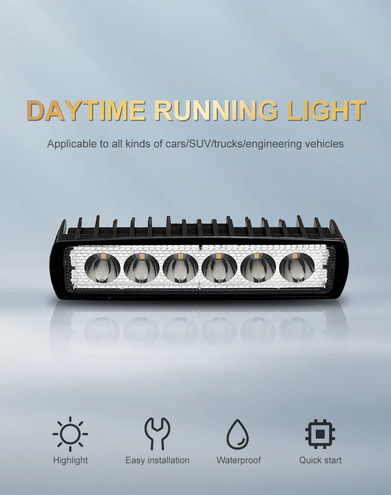 18w 6 LED Motocycle Work Light High Bright Spotlight Offroad Automobile Truck Driving Fog Headlights DRL Driving Lamp 12V