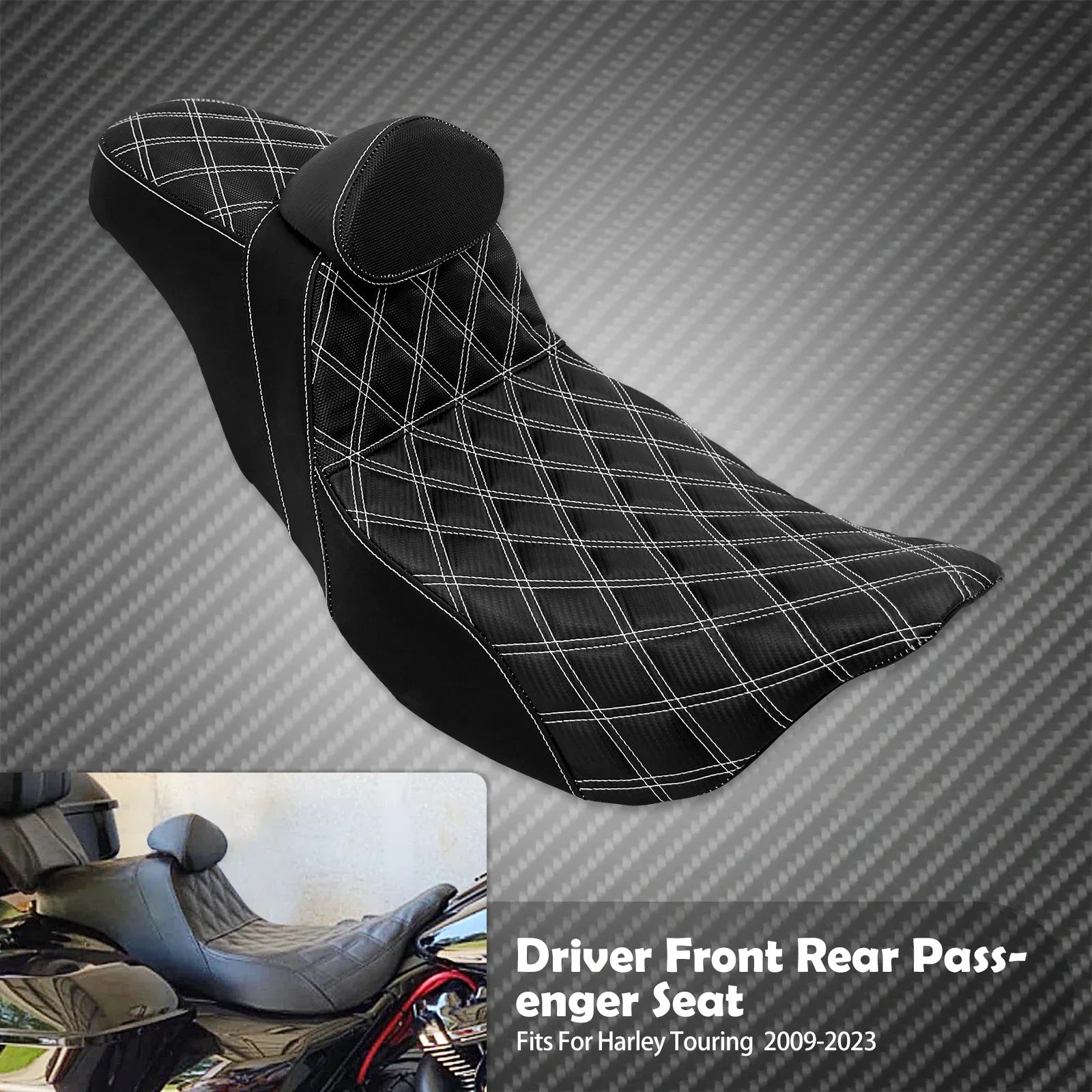Motorcycle 2-Up Seat With Driver Backrest Cushions Lattice Stitch Front Rear Seat For Harley Touring Electra Glide FLHR 2009-23