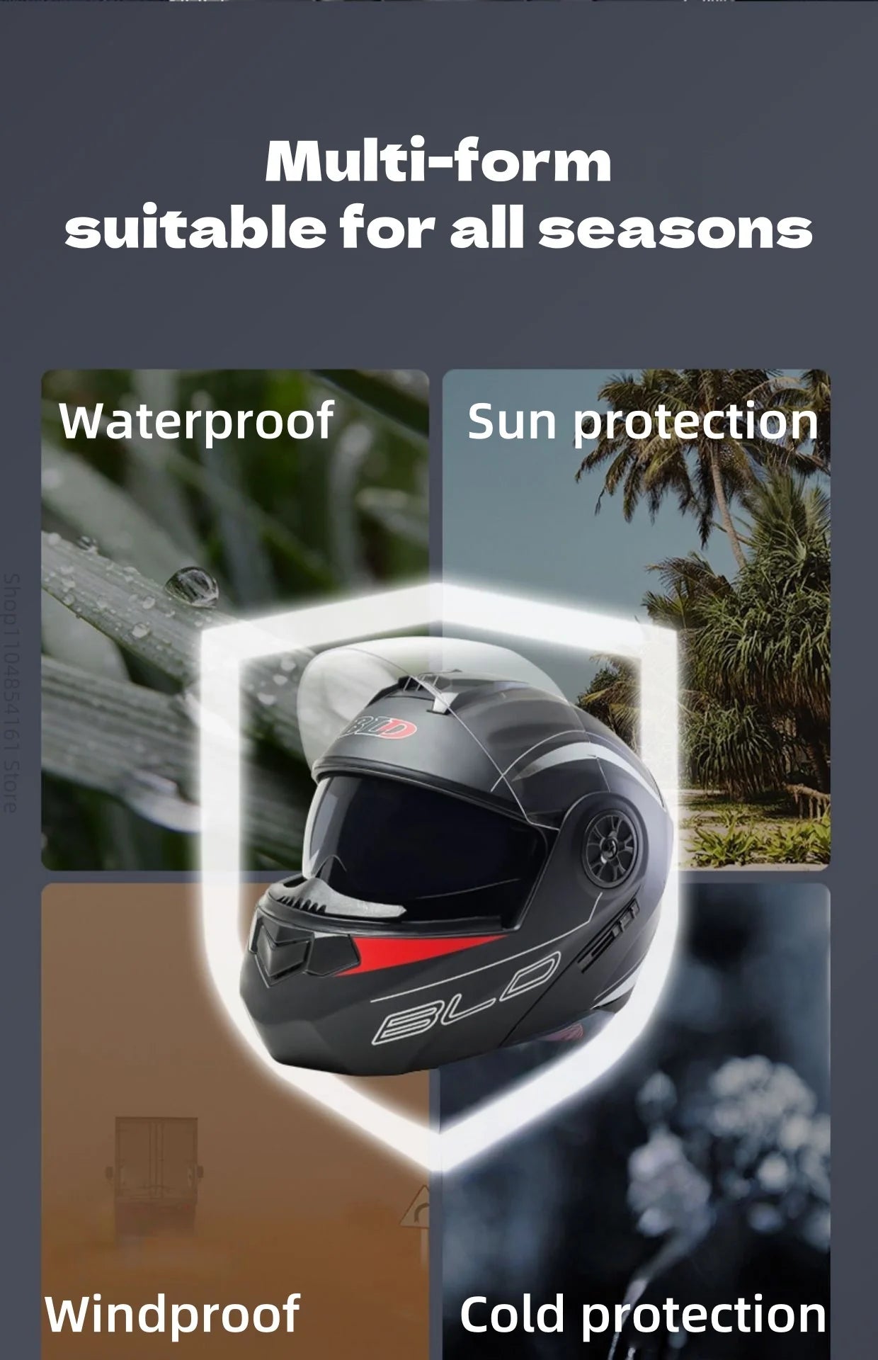 Motorcycle helmet with double lenses, open-faced design. Suitable for all seasons. Comfortable and breathable. Open design.