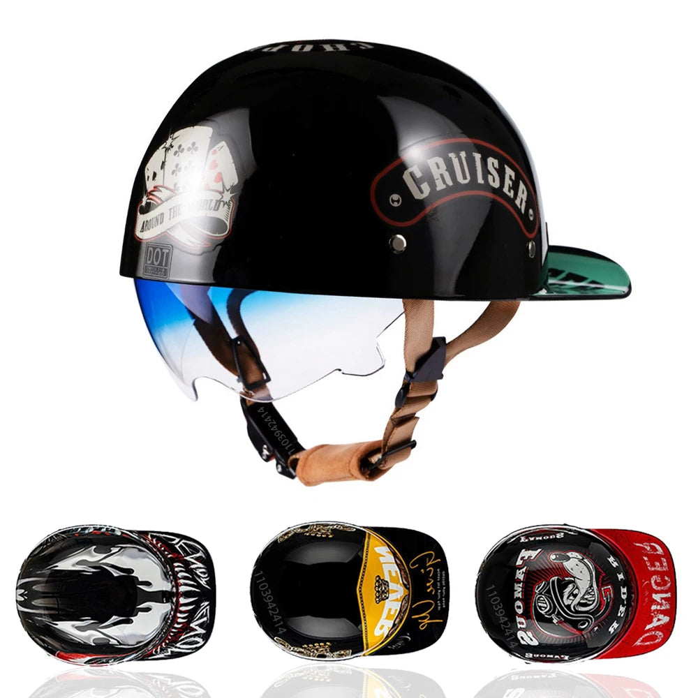 Motorcycle Helmet Street Retro Baseball Cap Moto Helmet with Blue Lenses Half Helmet Men Women Capacete De Moto ECE DOT Approved
