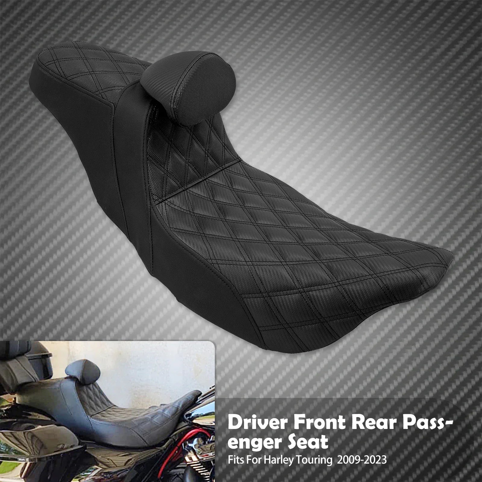Motorcycle 2-Up Seat With Driver Backrest Cushions Lattice Stitch Front Rear Seat For Harley Touring Electra Glide FLHR 2009-23