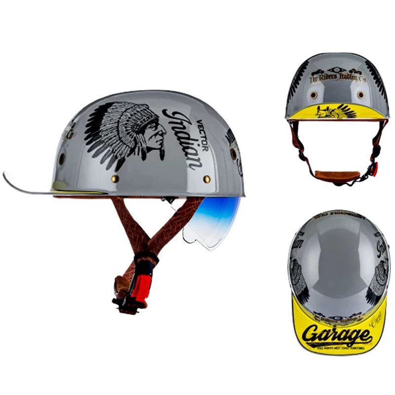 Motorcycle Helmet Street Retro Baseball Cap Moto Helmet with Blue Lenses Half Helmet Men Women Capacete De Moto ECE DOT Approved