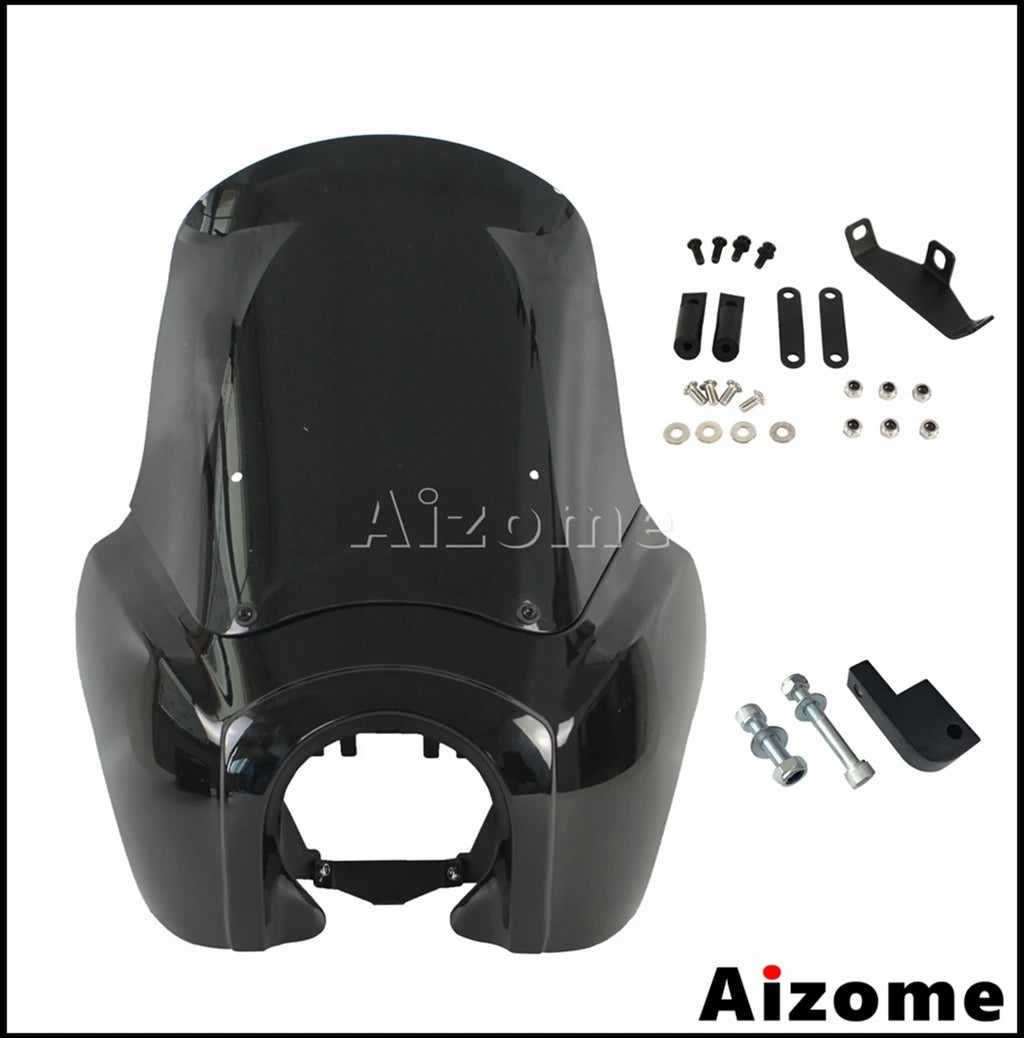 Motorcycle Headlight Fairing W/Outer 15" Windshield Screen &Mounting Relocation Block Kit For Harley Dyna Street Bob Super Glide