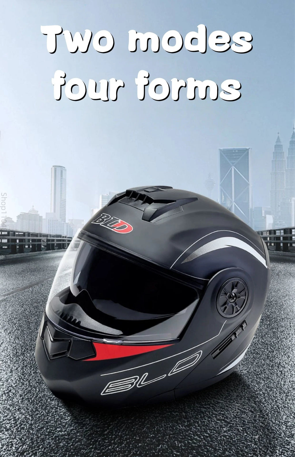 Motorcycle helmet with double lenses, open-faced design. Suitable for all seasons. Comfortable and breathable. Open design.