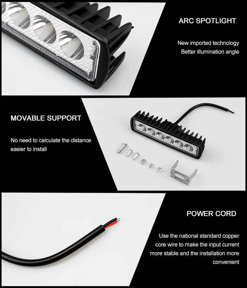 18w 6 LED Motocycle Work Light High Bright Spotlight Offroad Automobile Truck Driving Fog Headlights DRL Driving Lamp 12V