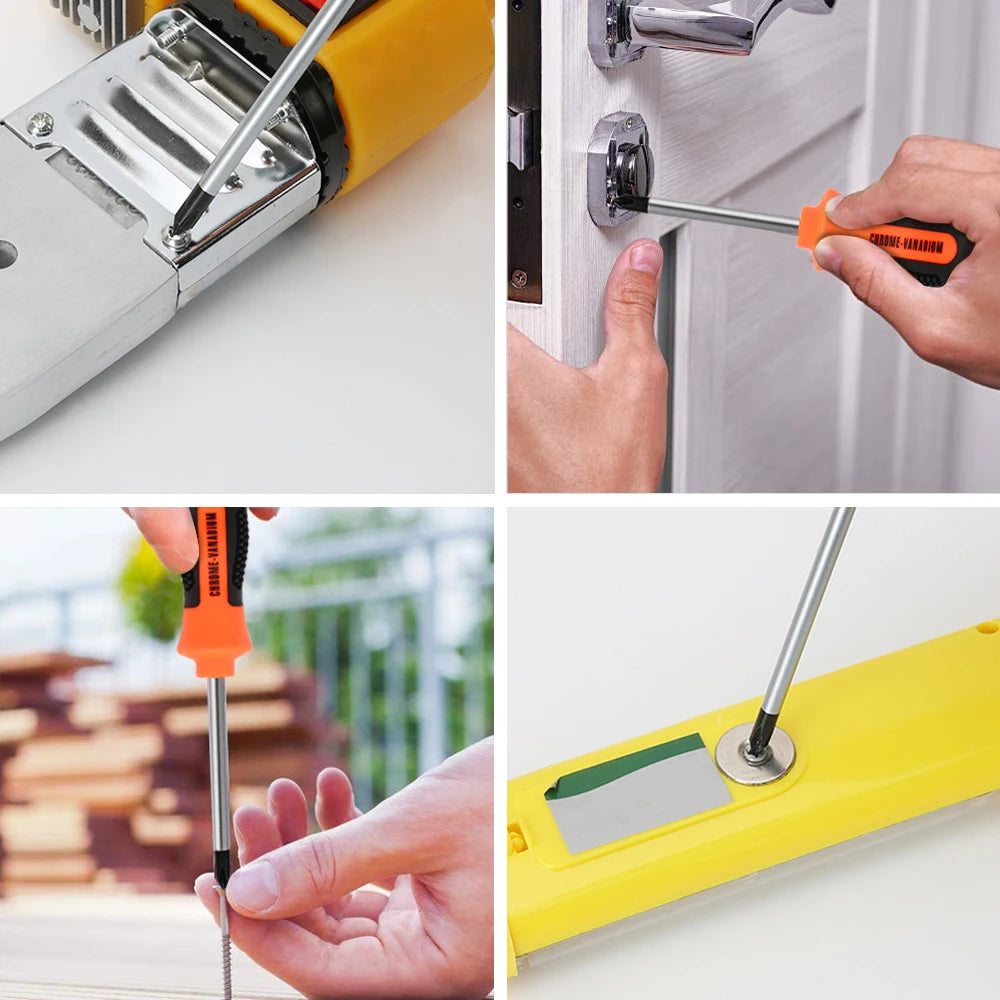 Five cross-head and four flat-head screwdrivers with anti-slip rubber handles, used for tightening and loosening stuck screws.