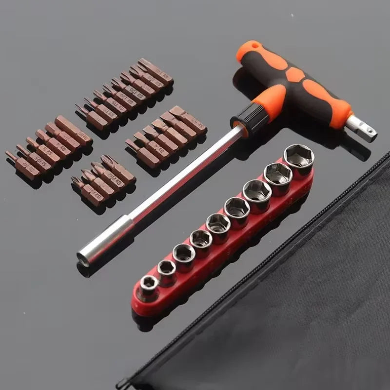 Screwdriver Set with T-shape Cross and Straight Slot Hexagon and Plum-shaped Heads plus Socket Set for DIY Lovers