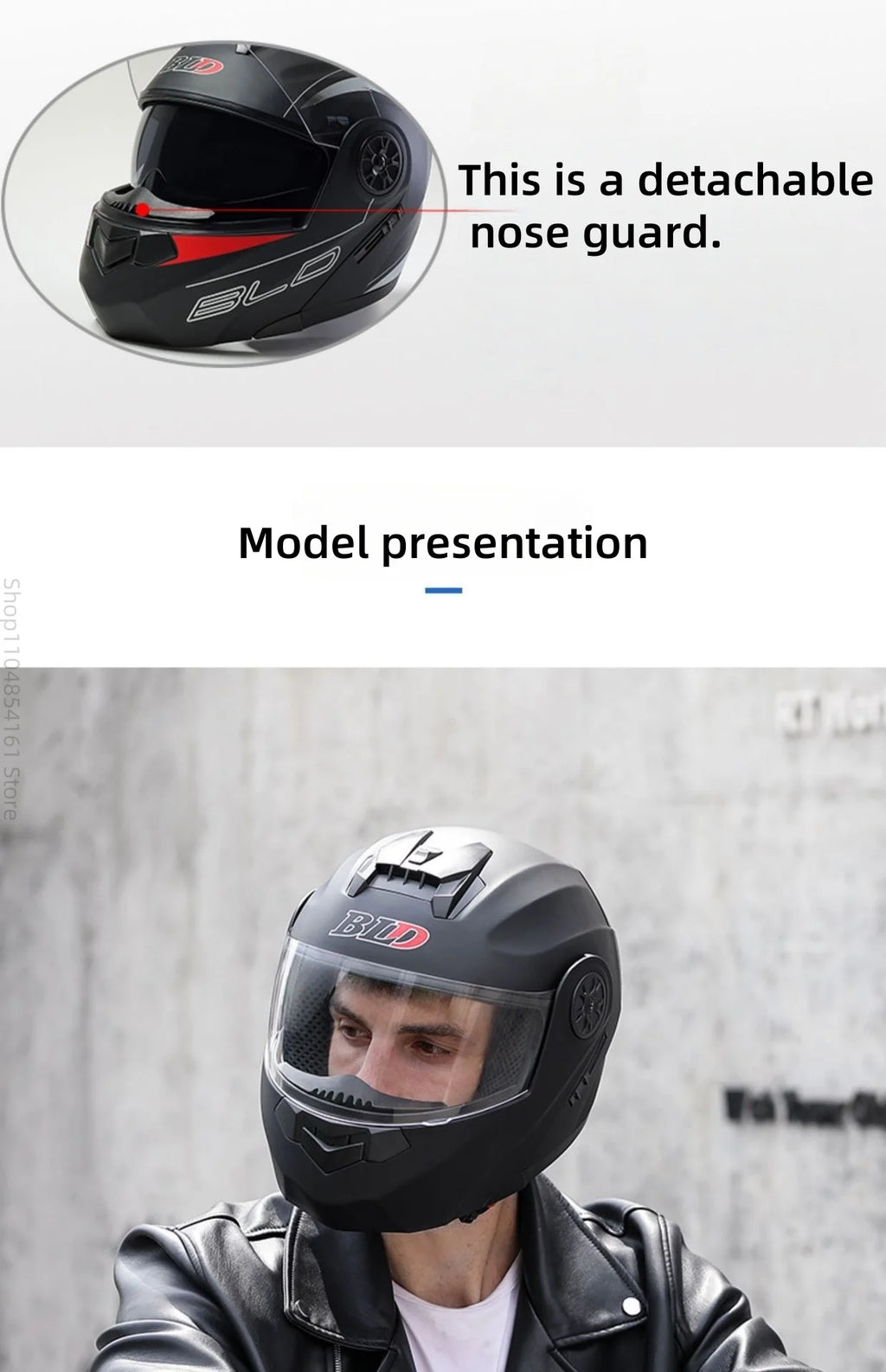 Motorcycle helmet with double lenses, open-faced design. Suitable for all seasons. Comfortable and breathable. Open design.