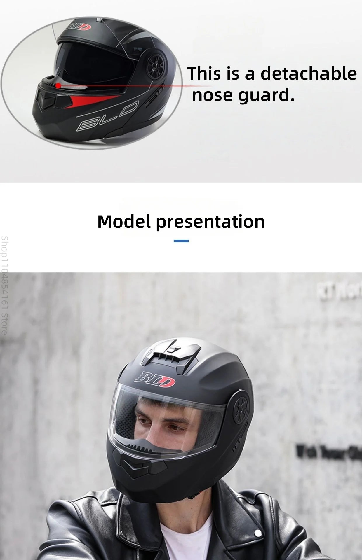 Motorcycle helmet with double lenses, open-faced design. Suitable for all seasons. Comfortable and breathable. Open design.