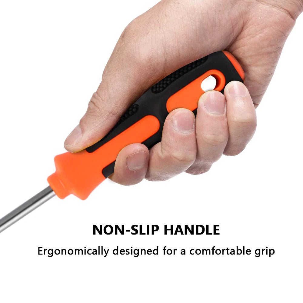 Five cross-head and four flat-head screwdrivers with anti-slip rubber handles, used for tightening and loosening stuck screws.