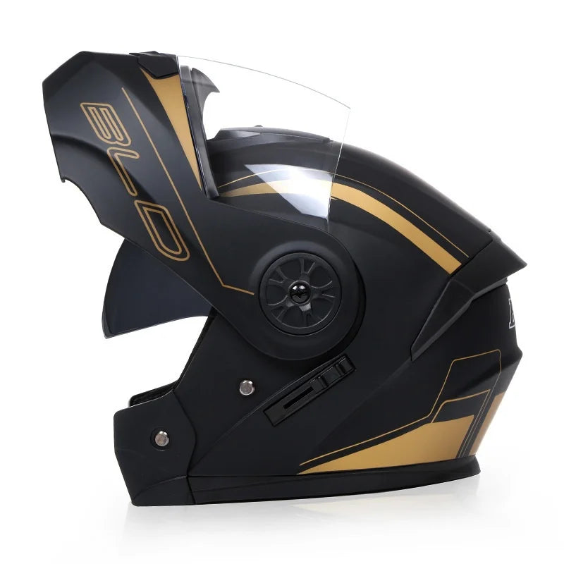 Motorcycle helmet with double lenses, open-faced design. Suitable for all seasons. Comfortable and breathable. Open design.