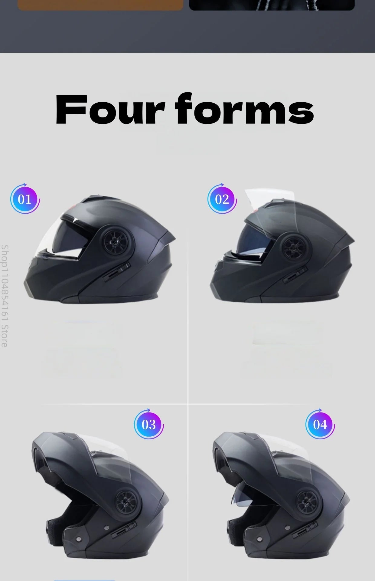 Motorcycle helmet with double lenses, open-faced design. Suitable for all seasons. Comfortable and breathable. Open design.