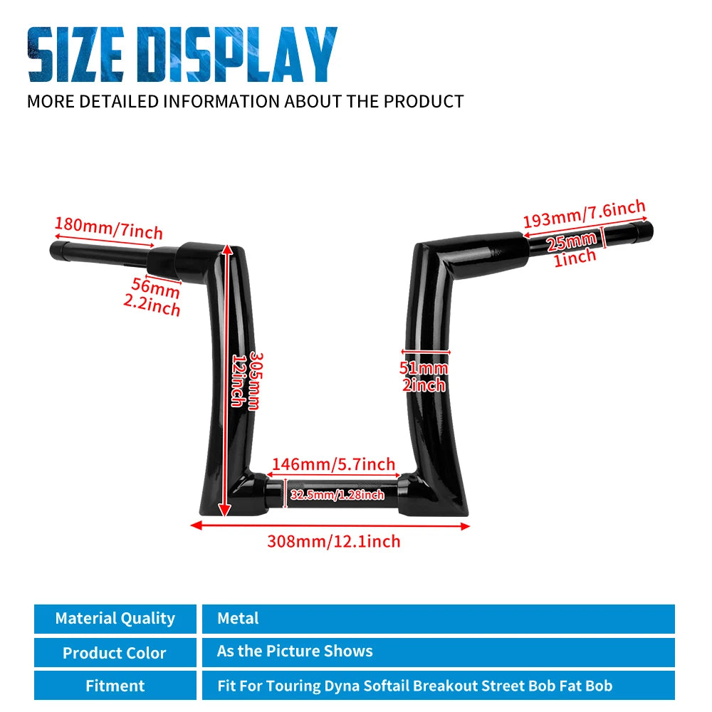 Motorcycle Handlebar 12" 14" 16" Rise Handle Bar For Harley Touring FLHT FLHR Dyna Softail Breakout Fat Boy Drag Fat Bars Black