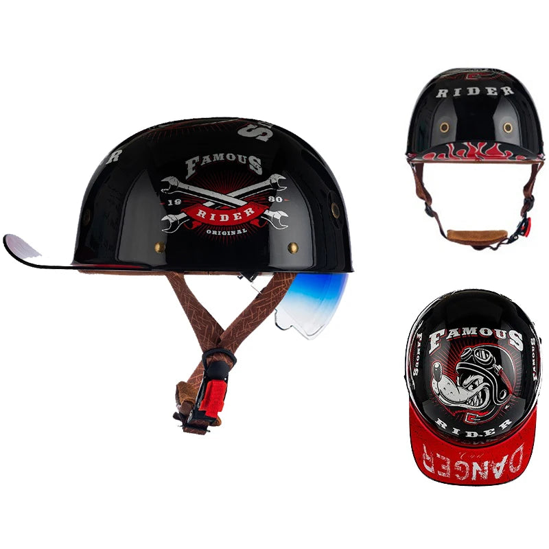 Motorcycle Helmet Street Retro Baseball Cap Moto Helmet with Blue Lenses Half Helmet Men Women Capacete De Moto ECE DOT Approved