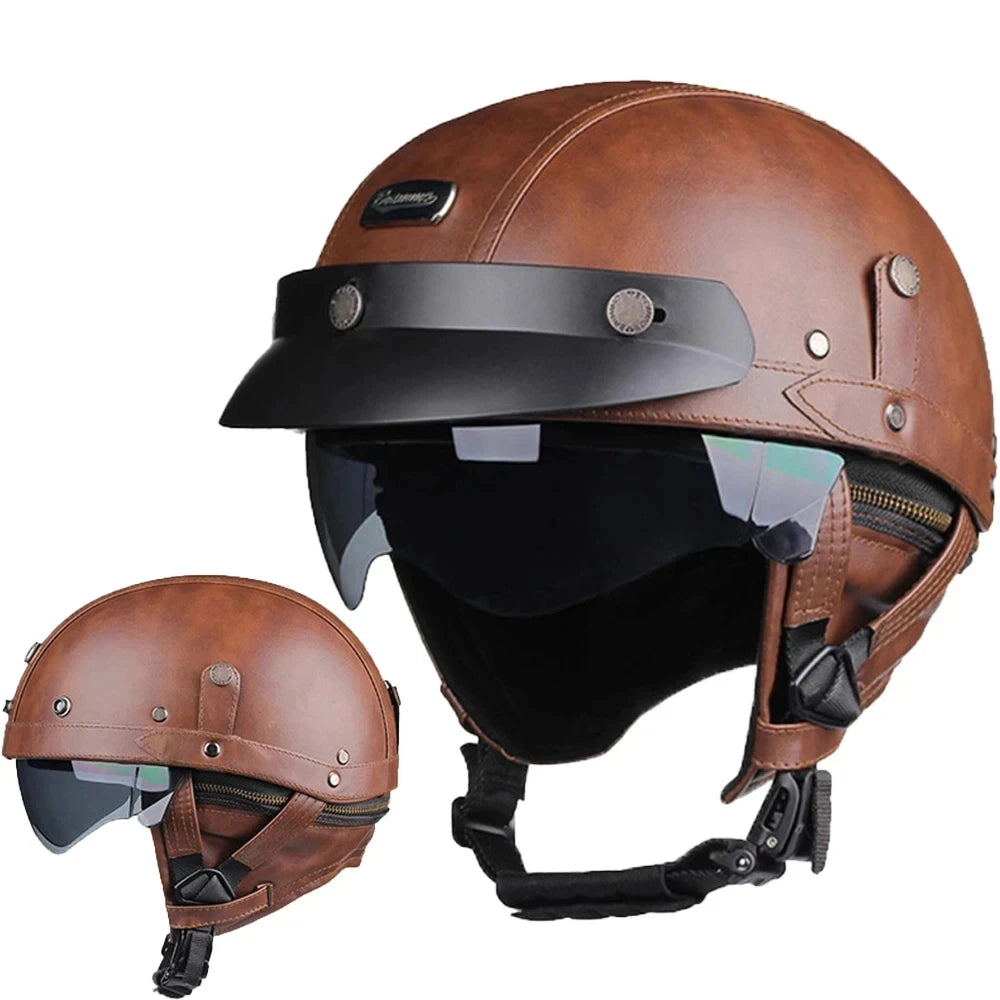 Motorcycle Helmet Retro PU Four Fashion Helmet Ride Half Scooter Helmet Motorcycle For Men And Women