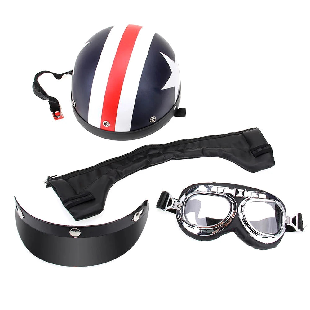 Motorcycle Helmet Half Open Face Retro Vintage Style Moto Casco Capacete Moto Helmet with Visor UV Goggles Motocross Motorbike