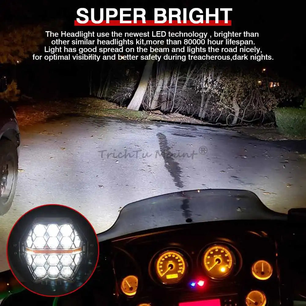 7" LED Headlight Motorcycle Hi/Lo Beam Headlamp Amber DRL Light For Harley Touring FLD Road King Street Glide Softail Fat Boy