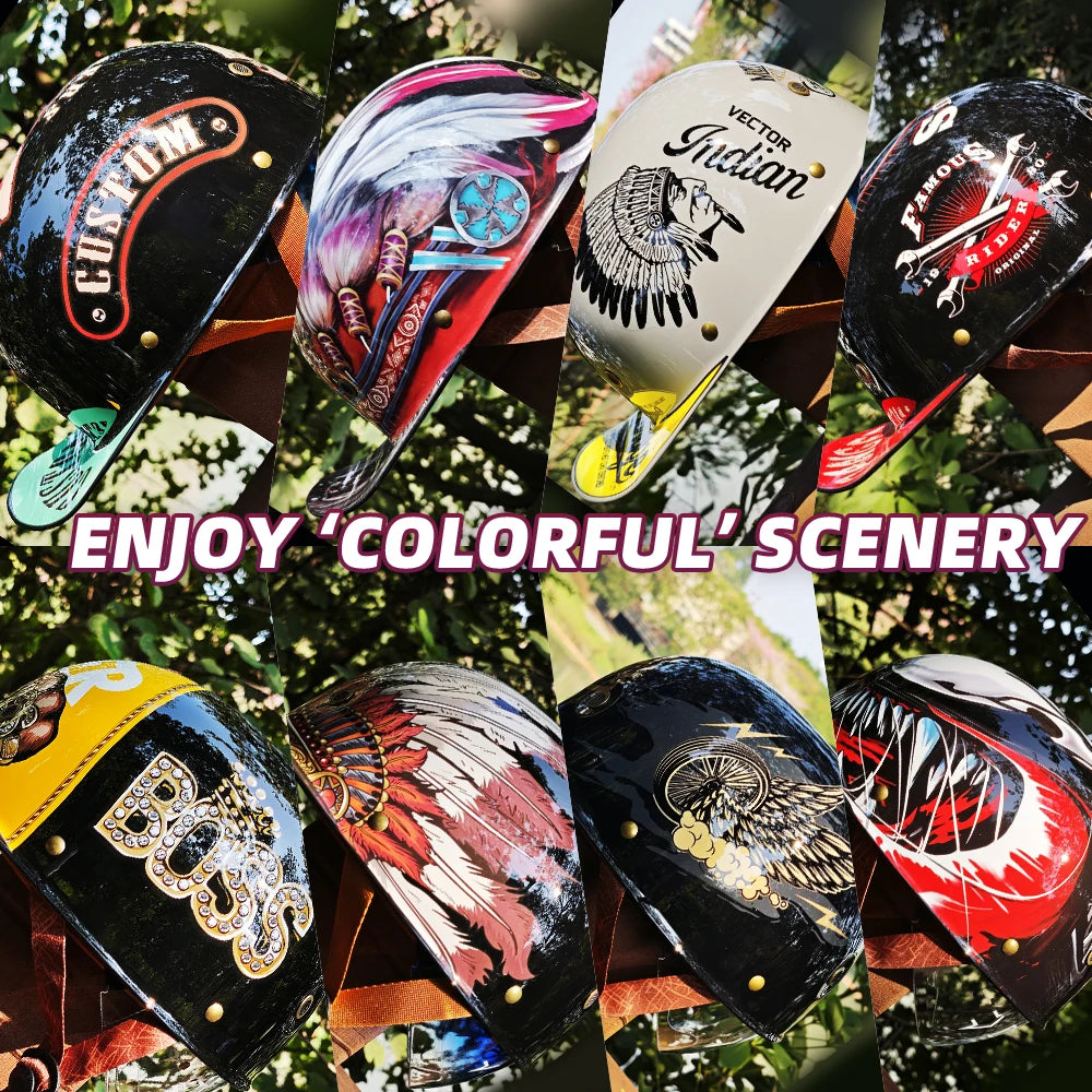 Motorcycle Retro Half Helmet with Blue built-in lenses Baseball Helmet For Harley Motorcycle Electric Scooter
