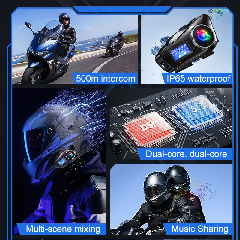 Motorcycle Helmet Wireless Bluetooth Headset Intercomunicador Moto LCD Display FM Radio Music Share For 2 Rider 500m intercom