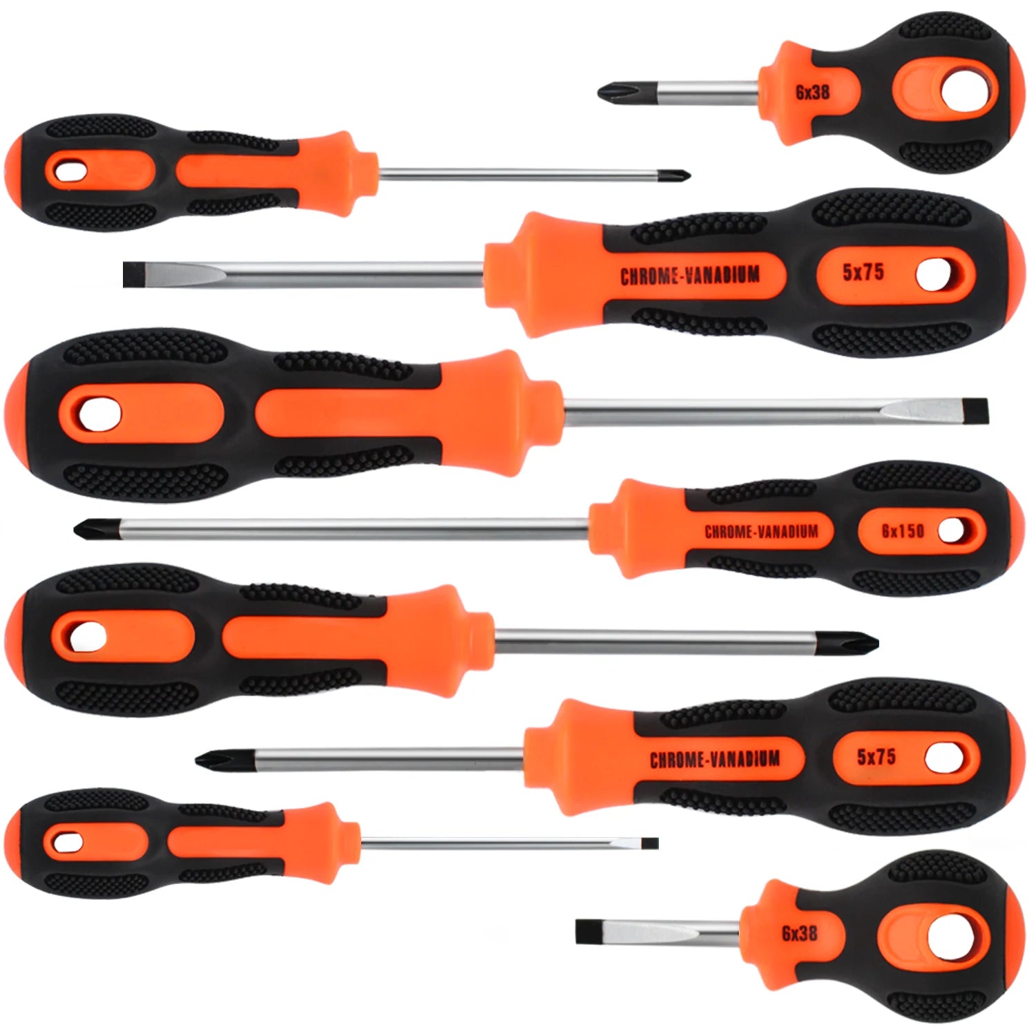 Five cross-head and four flat-head screwdrivers with anti-slip rubber handles, used for tightening and loosening stuck screws.