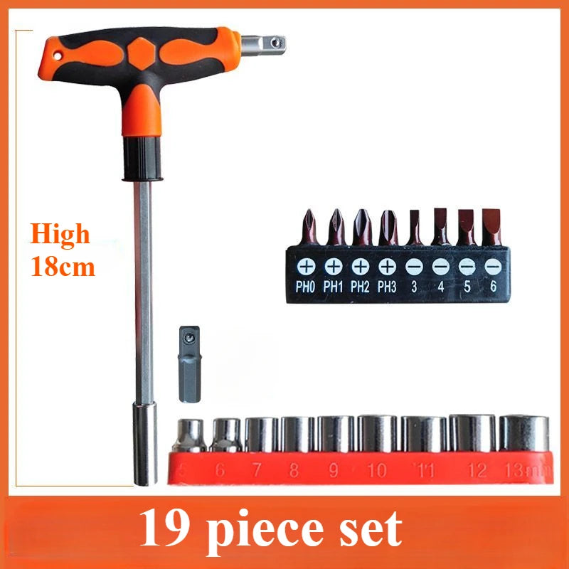 Screwdriver Set with T-shape Cross and Straight Slot Hexagon and Plum-shaped Heads plus Socket Set for DIY Lovers