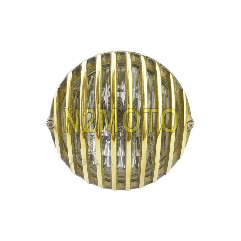 Retro Motorcycle 5" Scalloped Brass Headlight Finned Grill For Harley Dyna Road King Street Glide Electra Glide Custom Headlamp