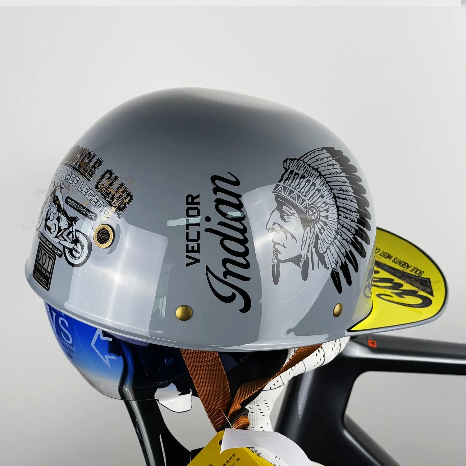 Motorcycle Retro Half Helmet with Blue built-in lenses Baseball Helmet For Harley Motorcycle Electric Scooter