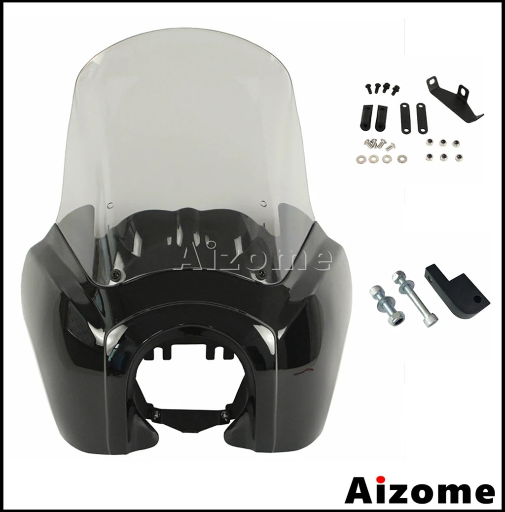 Motorcycle Headlight Fairing W/Outer 15" Windshield Screen &Mounting Relocation Block Kit For Harley Dyna Street Bob Super Glide