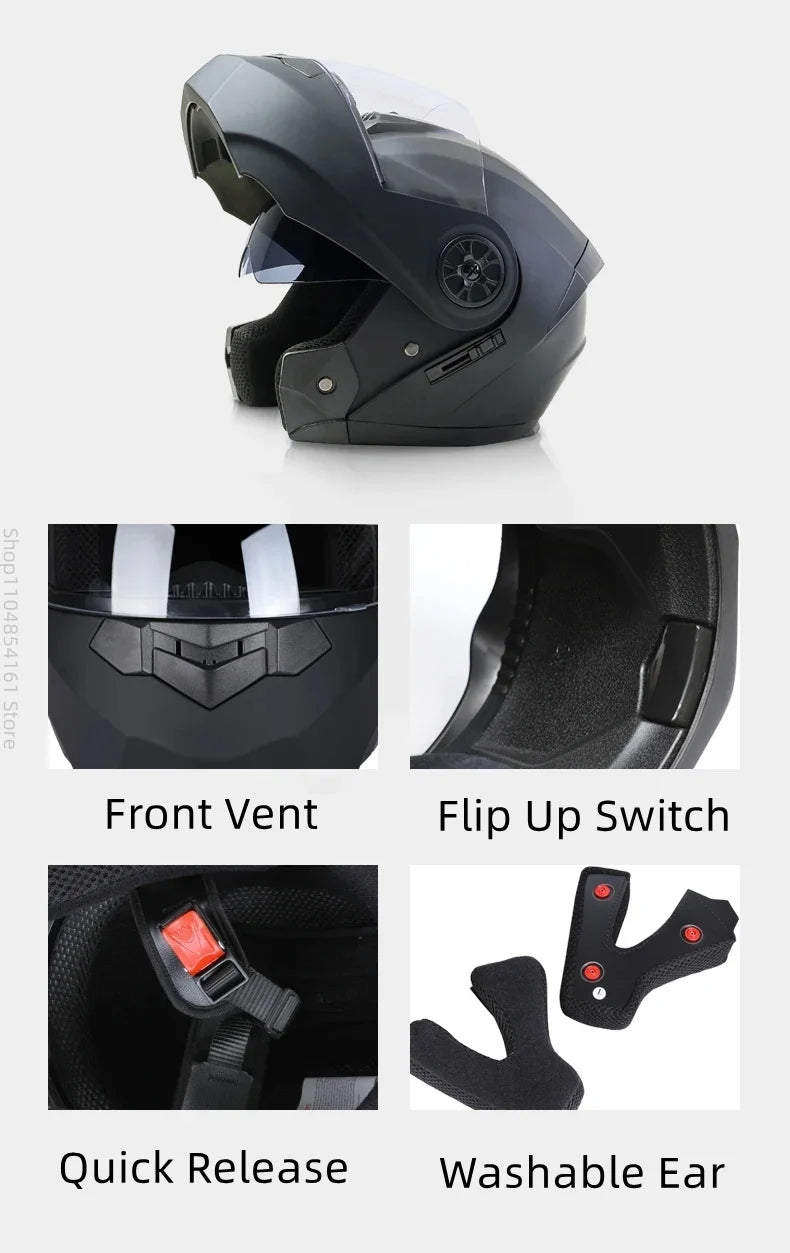 Motorcycle helmet with double lenses, open-faced design. Suitable for all seasons. Comfortable and breathable. Open design.