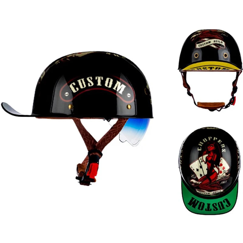 Motorcycle Helmet Street Retro Baseball Cap Moto Helmet with Blue Lenses Half Helmet Men Women Capacete De Moto ECE DOT Approved