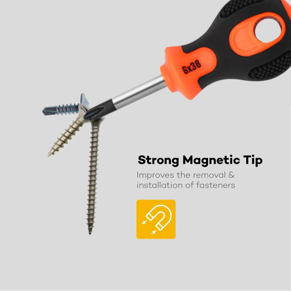 Five cross-head and four flat-head screwdrivers with anti-slip rubber handles, used for tightening and loosening stuck screws.