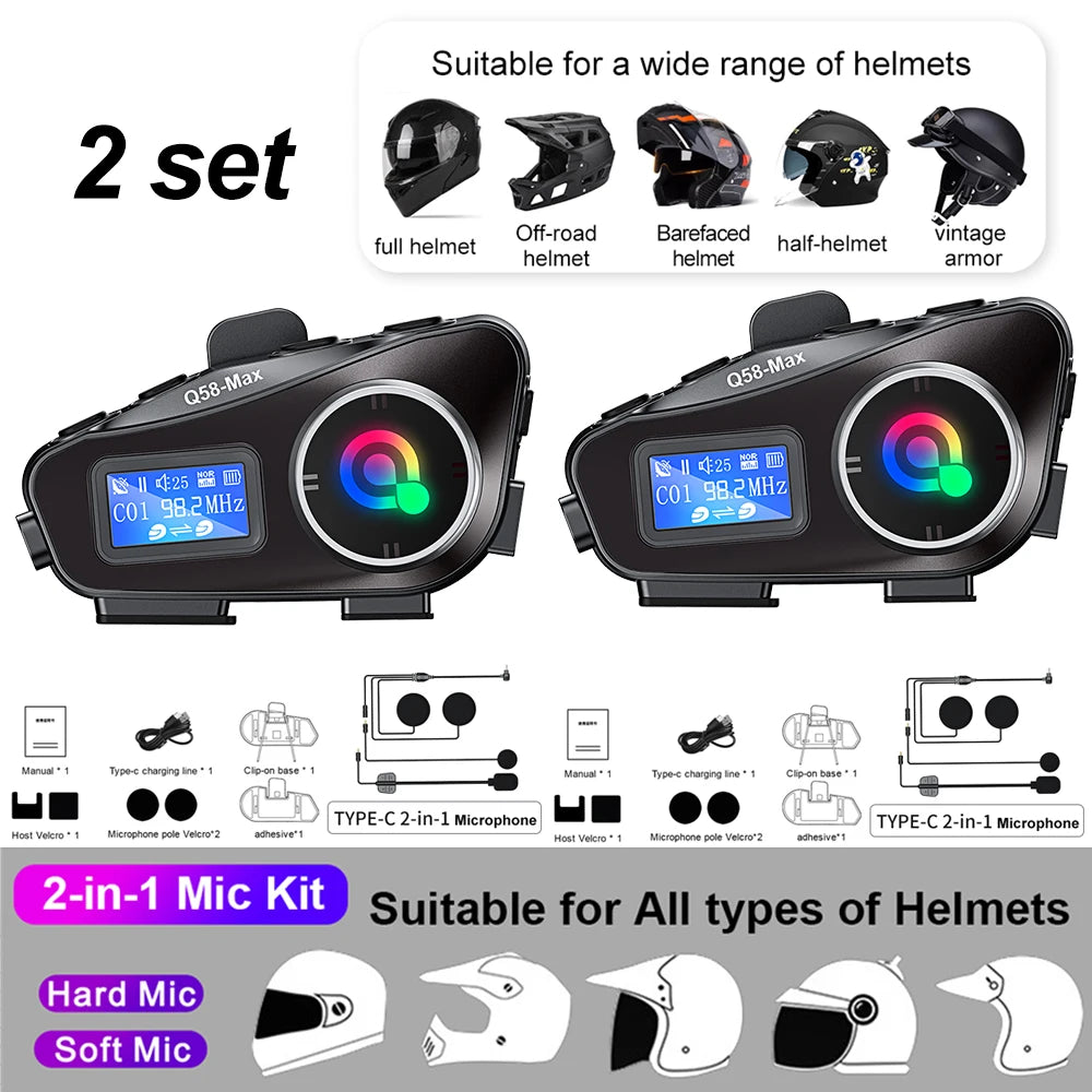 Motorcycle Helmet Wireless Bluetooth Headset Intercomunicador Moto LCD Display FM Radio Music Share For 2 Rider 500m intercom